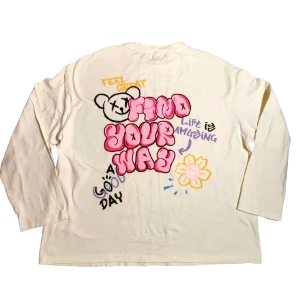 SHEIN Find Your Way Graphic Long Sleeve Tee Size L Yellow Pink Streetwear Top
